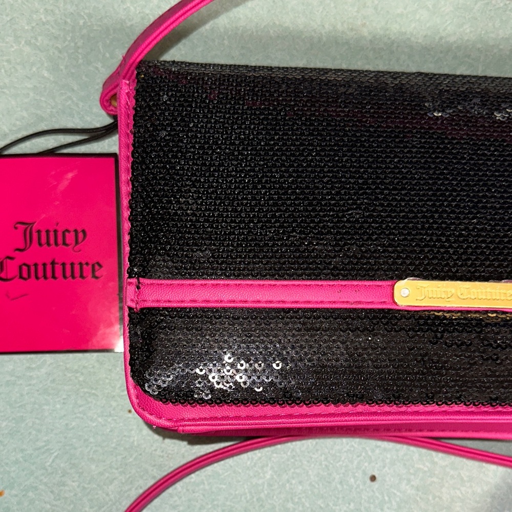 Juicy Couture Black Sequin Clutch with Fuchsia Pink Trim NWT & Beautiful